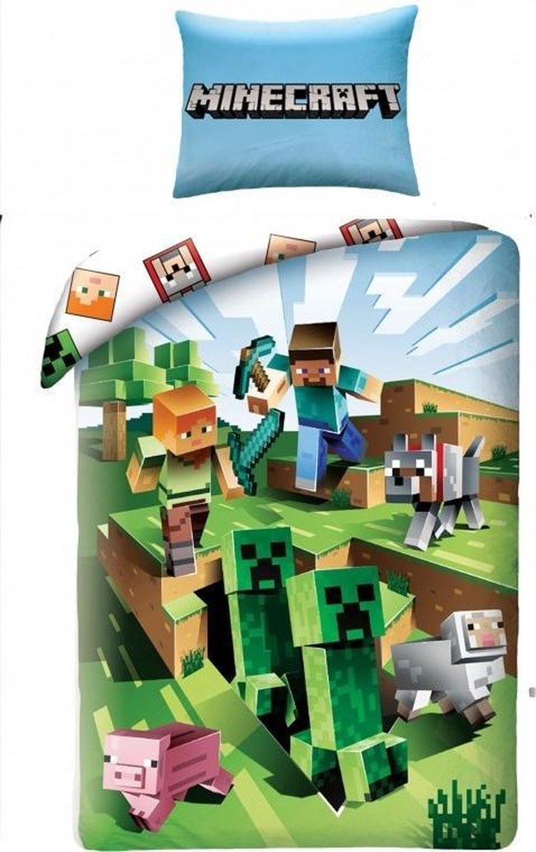 Minecraft Dekbedovertrek Battle - Steve - Creeper - Sheep - 140 x 200 cm - Katoen
