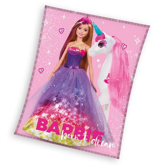 Barbie Fleece deken- unicorn- roze- polyester- 130x170cm- groot en warm.