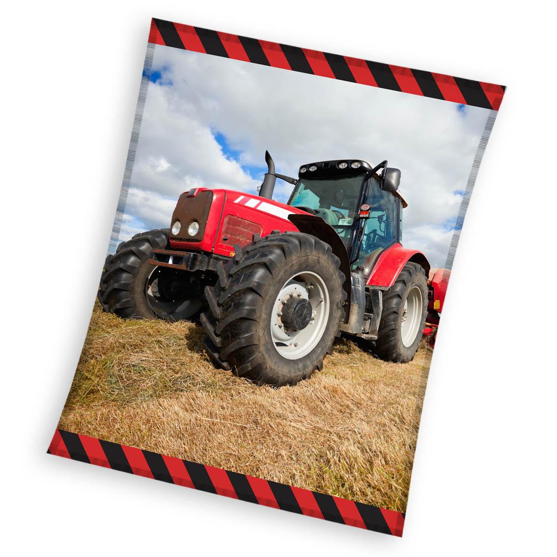 Rode Tractor Fleece deken- 130x170cm- Polyester- 525 gr.- grote warme deken