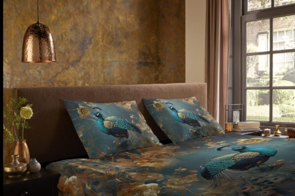 Pure Dekbedovertrek "pauw met gouden bloemen" - Petrol - (135x200 cm) - Microfiber - Afbeelding 3