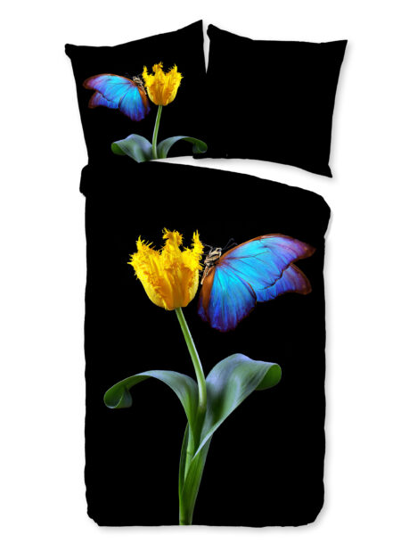 Good Morning Dekbedovertrek "papegaai tulp & vlinder" - Zwart - (135x200 cm) - Katoen