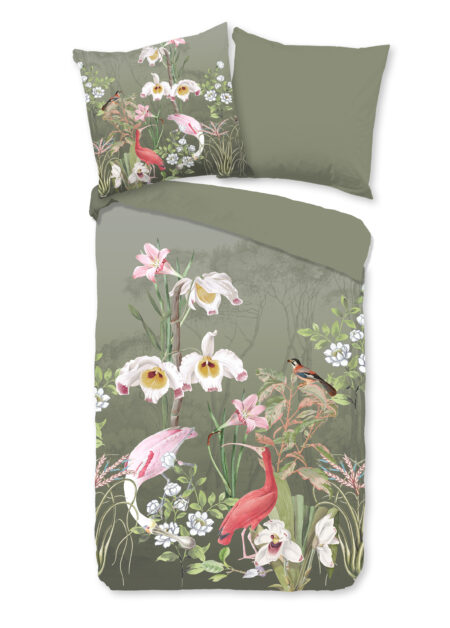 Good Morning Dekbedovertrek "bloemen en vogels" - Groen - (200x200 cm) - Katoen