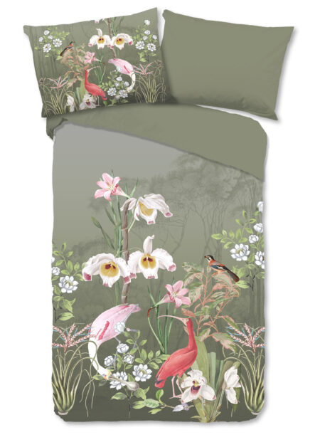 Good Morning Dekbedovertrek "bloemen en vogels" - Groen - (140x200 cm) - Katoen