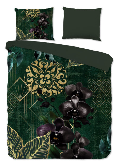 Good Morning Dekbedovertrek "orchideeen en gouden elementen" - Groen - (200x200/220 cm) - Katoen