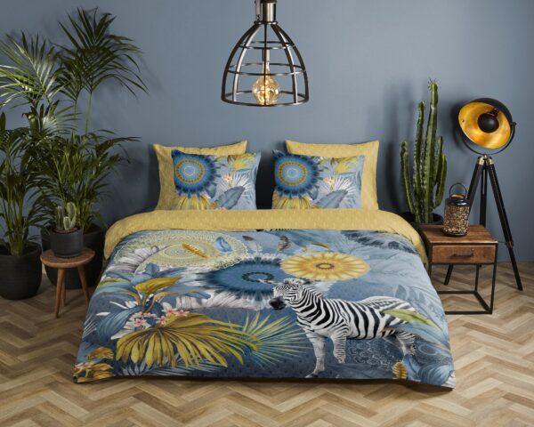 bladeren en een zebra" - Blauw - (200x200/220 cm) - Katoen Satijn