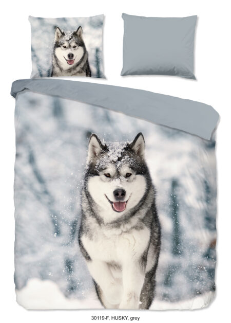 Good Morning Dekbedovertrek "husky hond" - Grijs - (200x200/220 cm) - Katoen Flanel