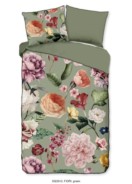 Descanso Dekbedovertrek "bloemen" - Groen - (140x200/220 cm) - Biologisch Katoen satijn