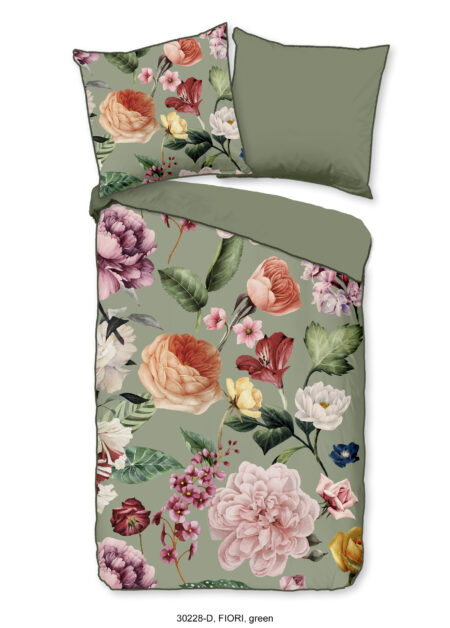 Descanso Dekbedovertrek "bloemen" - Groen - (135x200 cm) - Biologisch Katoen satijn