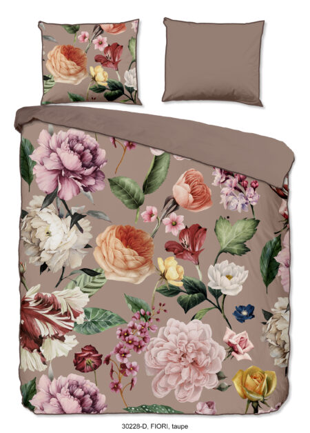 Descanso Dekbedovertrek "bloemen" - Taupe - (240x200/220 cm) - Biologisch Katoen satijn