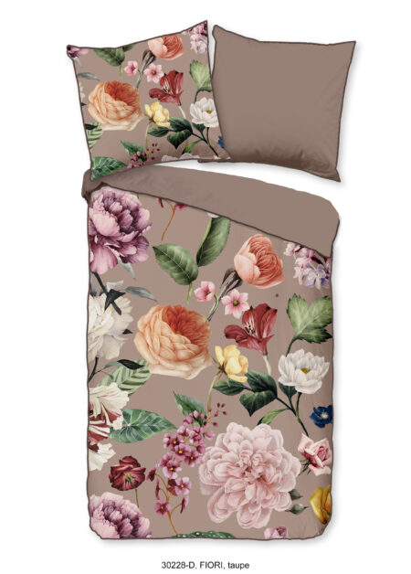 Descanso Dekbedovertrek "bloemen" - Taupe - (135x200 cm) - Biologisch Katoen satijn