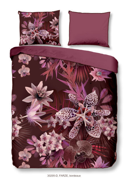 Descanso Dekbedovertrek "bloemen" - Bordeaux - (200x200/220 cm) - Biologisch Katoen satijn