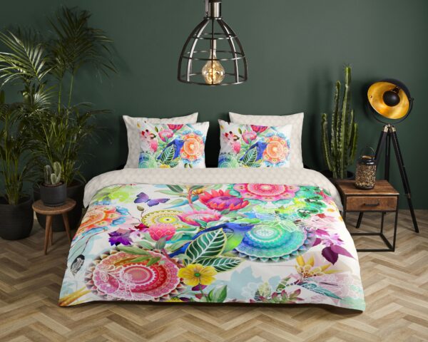 bloemen en een vogel" - Multi - (200x200/220 cm) - Katoen Satijn