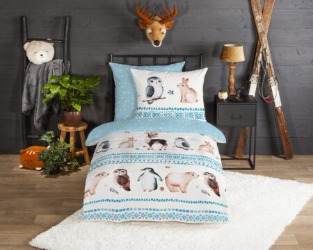 Good Morning Kinderdekbedovertrek "winter dieren" - Blauw - (135x200 cm) - Katoen Flanel