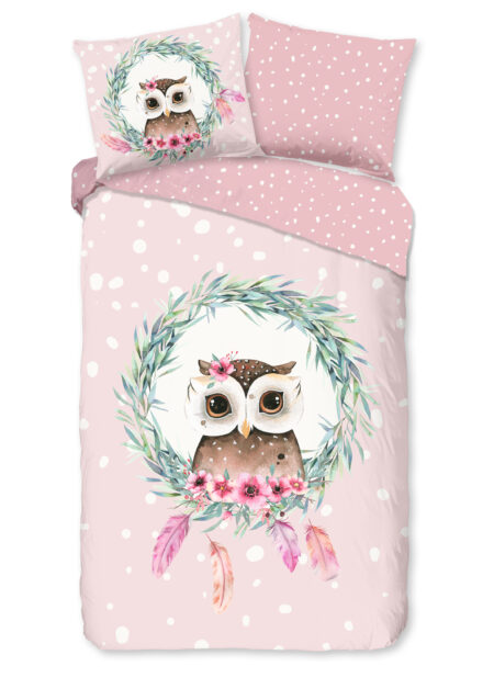 Good Morning Kinderdekbedovertrek "uil en veren" - Roze - (140x200/220 cm) - Katoen