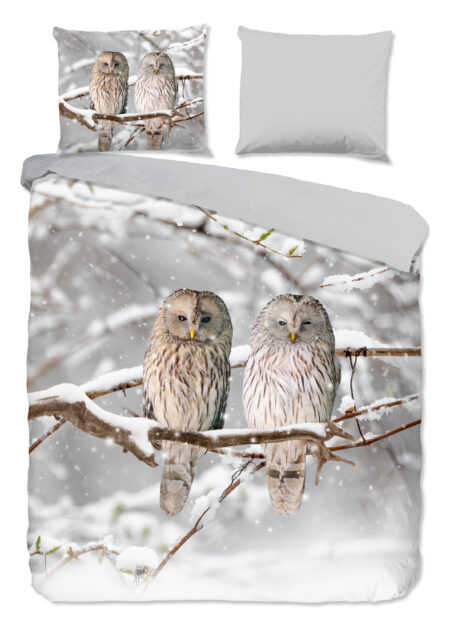 Good Morning Dekbedovertrek "uilen in winterlandschap" - Grijs - (200x200/220 cm) - Katoen Flanel