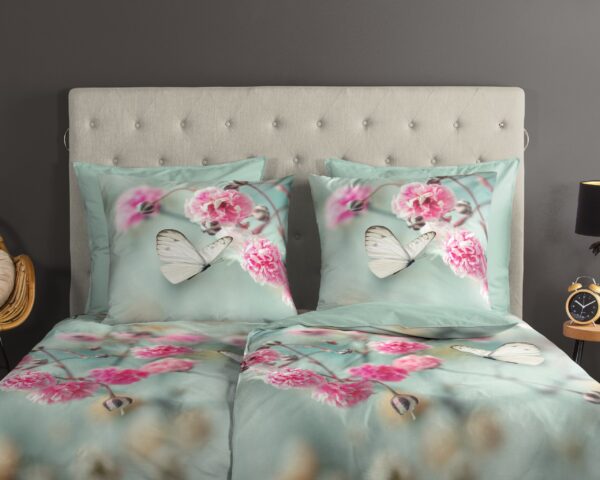 Good Morning Dekbedovertrek "bloemen en vlinders" - Mint - (200x200 cm) - Katoen - Afbeelding 3