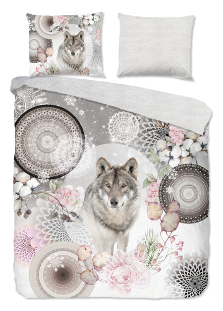 HIP Dekbedovertrek "mandala's met wolf" - Grijs - (200x200/220 cm) - Katoen Flanel