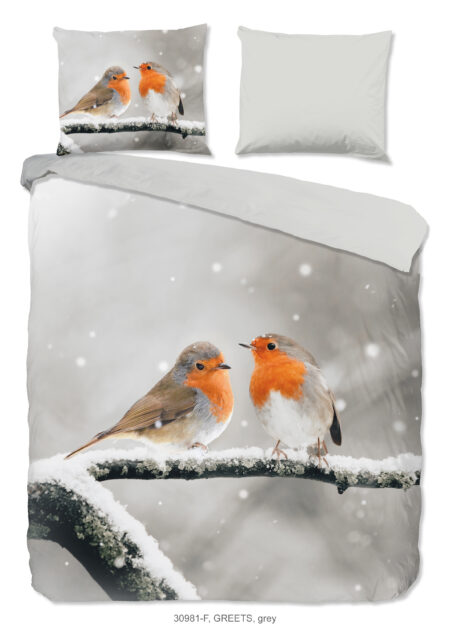 Good Morning Dekbedovertrek "roodborst vogels in de sneeuw" - Grijs - (200x200/220 cm) - Katoen Flanel