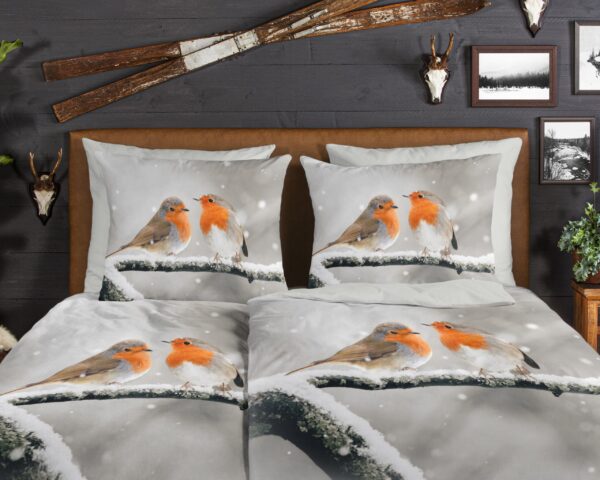 Good Morning Dekbedovertrek "roodborst vogels in de sneeuw" - Grijs - (135x200 cm) - Katoen Flanel - Afbeelding 3