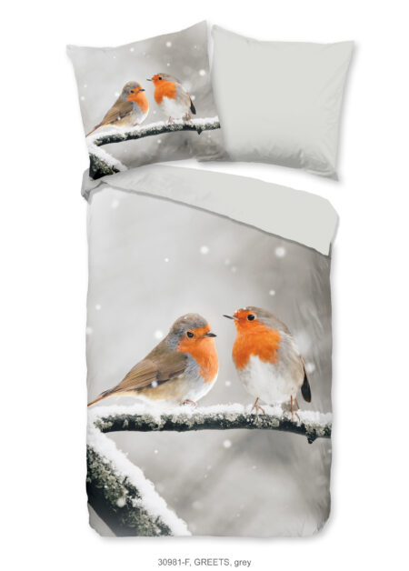 Good Morning Dekbedovertrek "roodborst vogels in de sneeuw" - Grijs - (200x200 cm) - Katoen Flanel