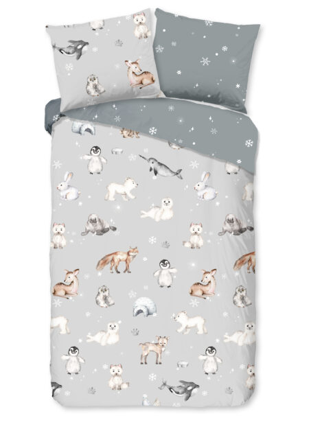 Good Morning Kinderdekbedovertrek "dieren in winterthema" - Grijs - (140x200/220 cm) - Katoen Flanel
