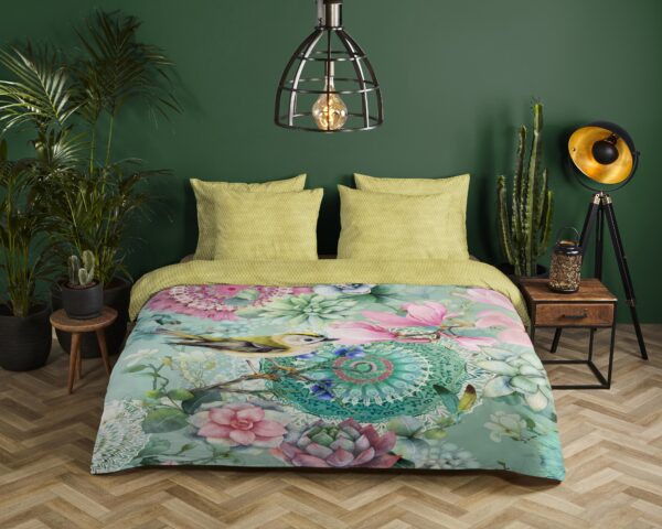 bloemen en vogels" - Groen - (140x200 cm) - Katoen Satijn