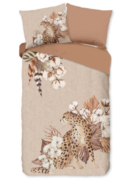 Good Morning Dekbedovertrek "tijger en bloemen" - Zand - (140x200/220 cm) - Katoen Flanel