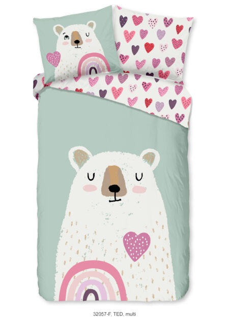 Good Morning Kinderdekbedovertrek "beer met hart en regenboog" - Multi - (140x200/220 cm) - Katoen Flanel
