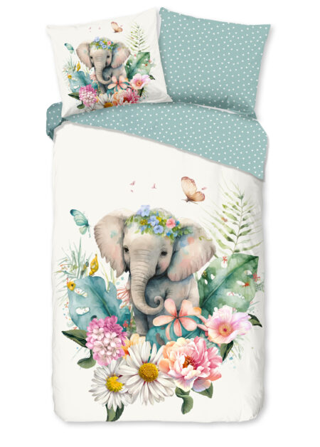 Good Morning Kinderdekbedovertrek "bloemen met een olifant" - Multi - (140x200/220 cm) - Katoen