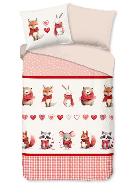 Good Morning Kinderdekbedovertrek "dieren met sjaal" - Rood - (140x200/220 cm) - Katoen Flanel