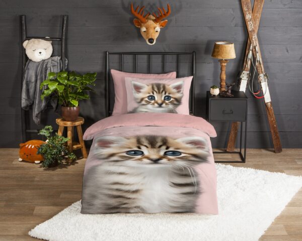 Good Morning Flanellen kinderdekbedovertrek  "Meow" - Roze