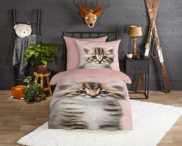 Good Morning Flanellen kinderdekbedovertrek  "Meow" - Roze
