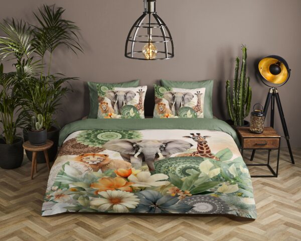 bloemen & safari dieren" - Groen - (200x200/220 cm) - Katoen Satijn