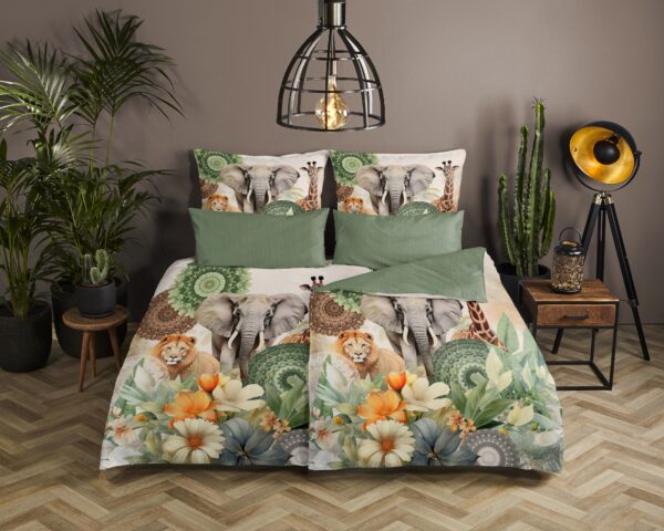 bloemen & safari dieren" - Groen - (200x200 cm) - Katoen Satijn