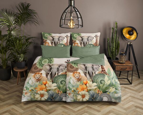 bloemen & safari dieren" - Groen - (200x200 cm) - Katoen Satijn
