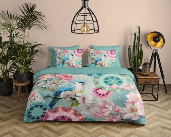 bloemen & vogel" - Mint - (240x200/220 cm) - Katoen Satijn