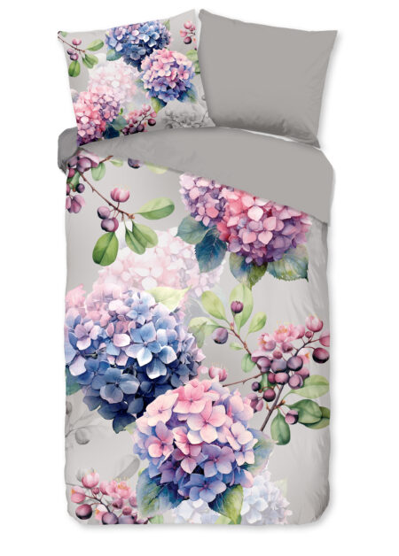 Good Morning Dekbedovertrek "hortensia bloemen" - Grijs - (140x200/220 cm) - Katoen