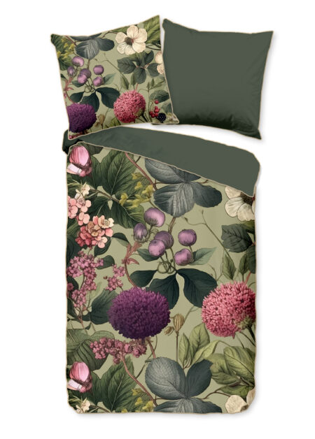 Descanso Dekbedovertrek "bloemen & bladeren" - Groen - (200x200 cm) - Katoen Satijn