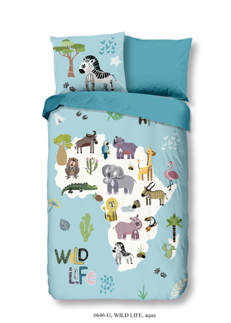 Good Morning Kinderdekbedovertrek "Afrikaanse dieren" - Aqua - (140x200/220 cm) - Katoen