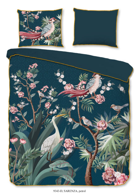 Descanso Dekbedovertrek "kraanvogel met bloemen" - Petrol - (140x200/220 cm) - Biologisch Katoen satijn