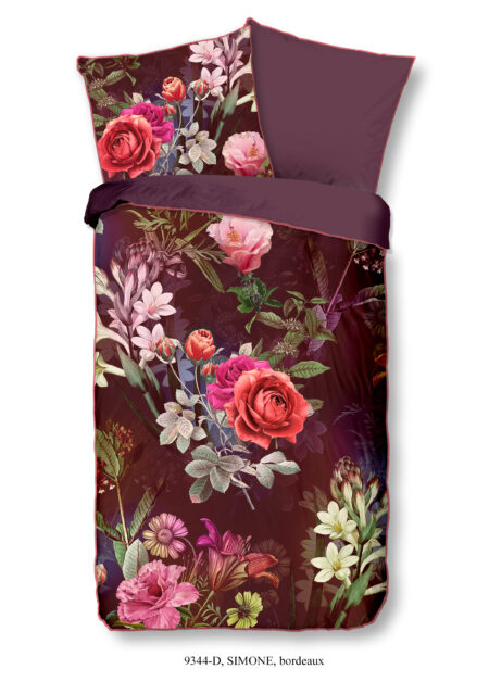 Descanso Dekbedovertrek "bloemen" - Bordeaux - (155x220 cm) - Biologisch Katoen satijn