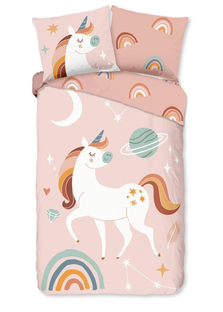 Good Morning Kinderdekbedovertrek "eenhoorn, planeten en regenboog" - Roze - (135x200 cm) - Katoen Flanel