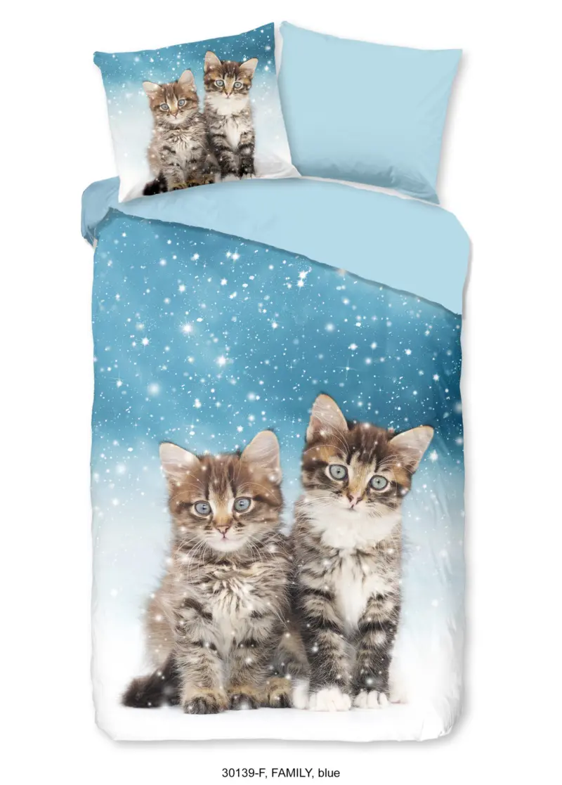 Good Morning Kinderdekbedovertrek "poezen" - Blauw - (140x200/220 cm) - Katoen Flanel