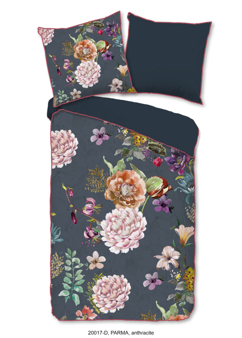 Descanso Dekbedovertrek "bloemen" - Antraciet - (155x220 cm) - Biologisch Katoen satijn