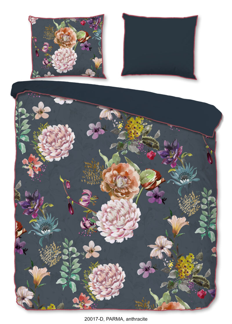 Descanso Dekbedovertrek "bloemen" - Antraciet - (240x200/220 cm) - Biologisch Katoen satijn