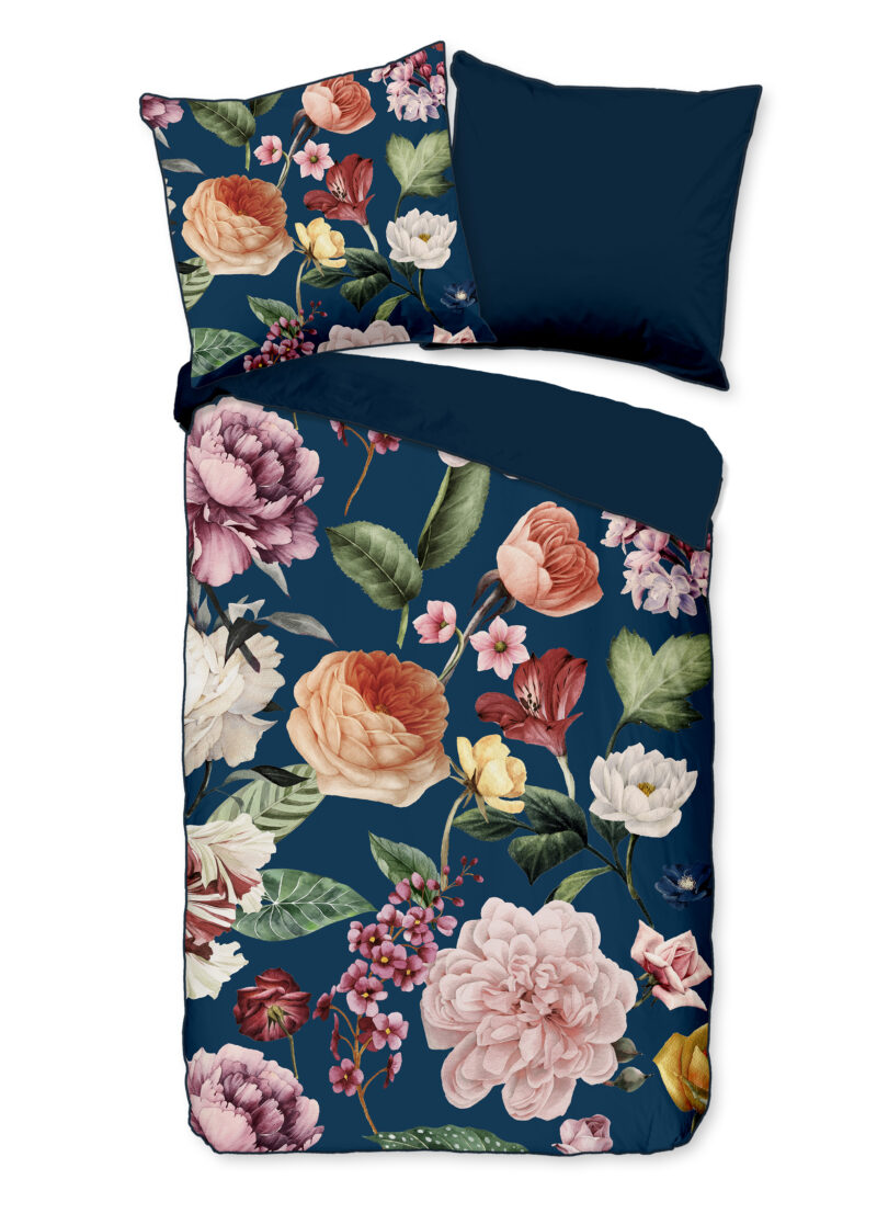Descanso Dekbedovertrek "bloemen" - Blauw - (135x200 cm) - Biologisch Katoen satijn