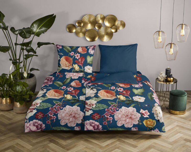 Descanso Satijnen dekbedovertrek  "Fiori" - Blauw