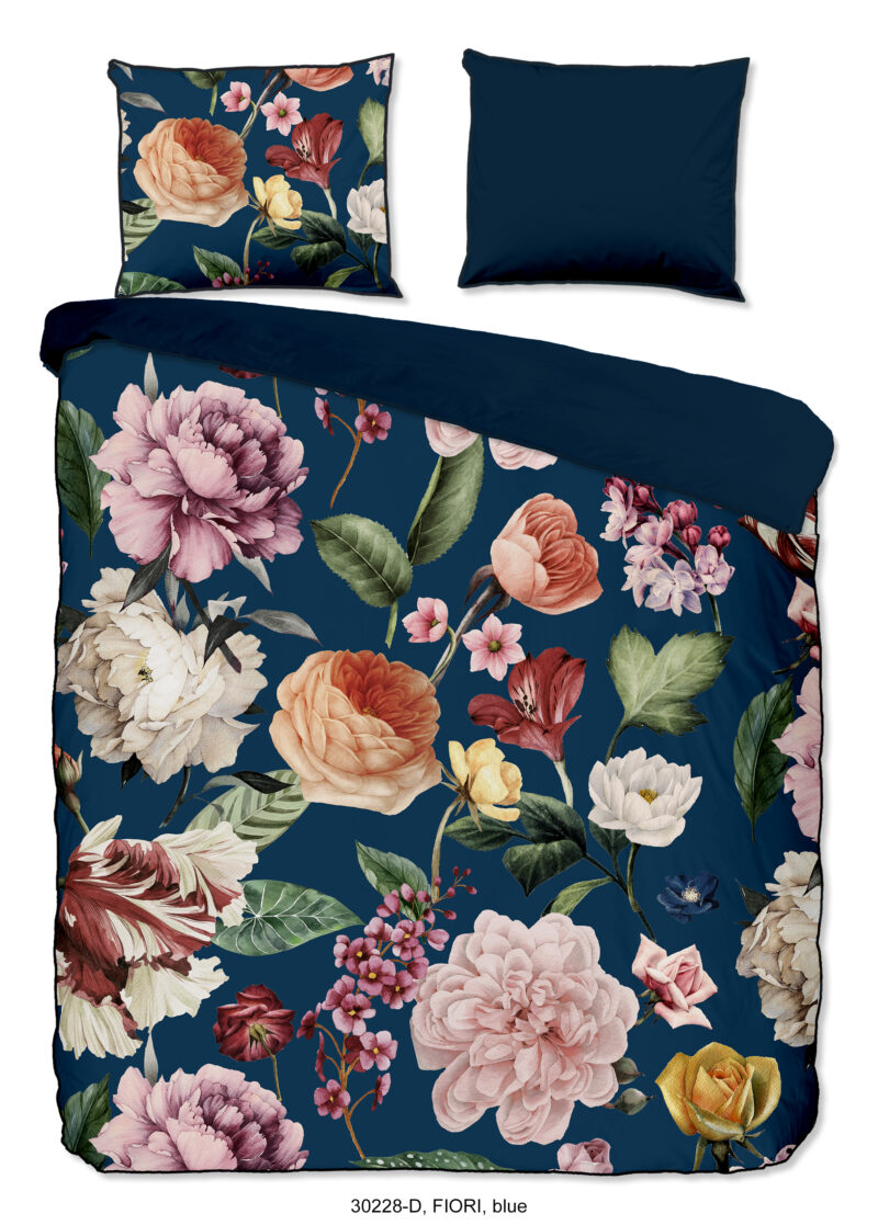 Descanso Dekbedovertrek "bloemen" - Blauw - (200x200/220 cm) - Biologisch Katoen satijn