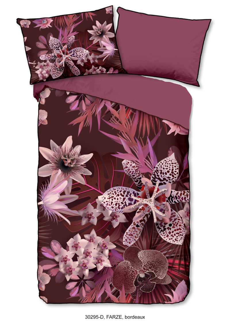 Descanso Dekbedovertrek "bloemen" - Bordeaux - (140x200 cm) - Biologisch Katoen satijn