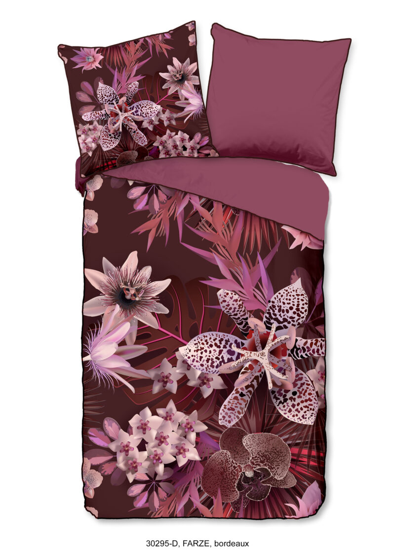 Descanso Dekbedovertrek "bloemen" - Bordeaux - (155x220 cm) - Biologisch Katoen satijn